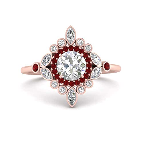 Image of 55Carat Choose Your Gemstone Round Halo Floral Engagement Ring Rose Gold Plated Round Shape Vintage Engagement Rings Everyday Jewelry Wedding Jewelry Handmade Gifts for Wife US Size 4 to 12