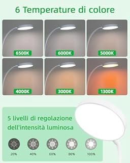 Luce per Lettura Libri a Letto, Lampada da Lettura, Luce da Lettura, Lampada Senza Fili 6 Colori e 5 Livelli Di Luminosità, Flessibile a 360° con Collo d'Oca, Cri 80, Lampada con Pinza per Studiare
