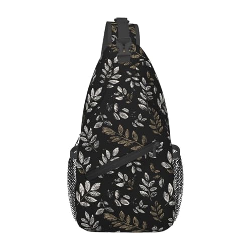 Image of SUPLUCHOM Sling Bag Boho Black Leaf Pattern Hiking Daypack Crossbody Shoulder Backpack Travel Chest Pack for Men Women