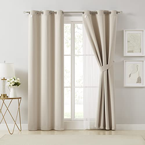 Image of Bujasso Beige 80% Blackout Curtains with Sheer Overlay Mix and Match Double Layer Thermal Insulated Window Panels 95 inch for Living Room Bedroom Beige Drapes with Tiebacks Grommet Top 37 inch Wx95 Lx2
