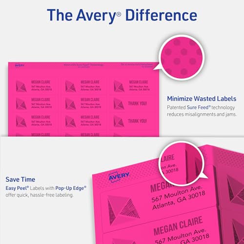 Image of Avery Printable Address Labels with Sure Feed, 1 inch x 2-5 /8 inch, Neon Magenta, Laser & Inkjet Compatible, 750 Blank Labels Total, Great for Branding, Mailing, Organizing, and More (5970)