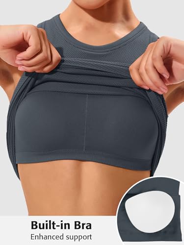 Image of ATTRACO Ribflex Workout Tank Tops for Women Seamless Full Length Gym Tops Athletic Yoga Top Built in Bra
