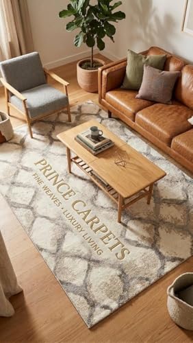 Image of 8x11 Feet (240x340 CM) Carpet for Living Room Hall & Drawing Room - Ivory Multi Diamond Modern Abstract Geometric Silk-Touch Luxury Hotel-Style Washable Anti-Skid Turkish Area Rug