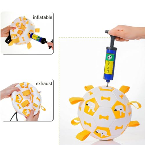 YUEMING Hundespielzeug Ball, Hundefußball mit Griff und Pumpe, Dauerhaft Hundespielzeug für Kleine Mittlere Große Hunde Fußball für Hunde, Wasserspielzeug (Gelb, 15cm)