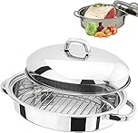 Vintage Gourmet® Professional 32CM Medium Stainless Steel Self Basting Oval Domed Roaster with Rack for Airflow, Basting Juices,Carry Handles Roast Meat Catering Carvery Fits Medium Chicken 36x23x11cm