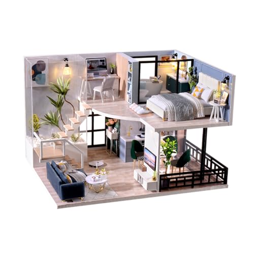 Hallisun DIY Miniature House Kit, Tiny 3D Wooden Duplex Apartment, Mini Dollhouse Building Kit with LED, Dustproof Cover & Music Movement, Creative Craft for Adults, Gift for Family & Friends