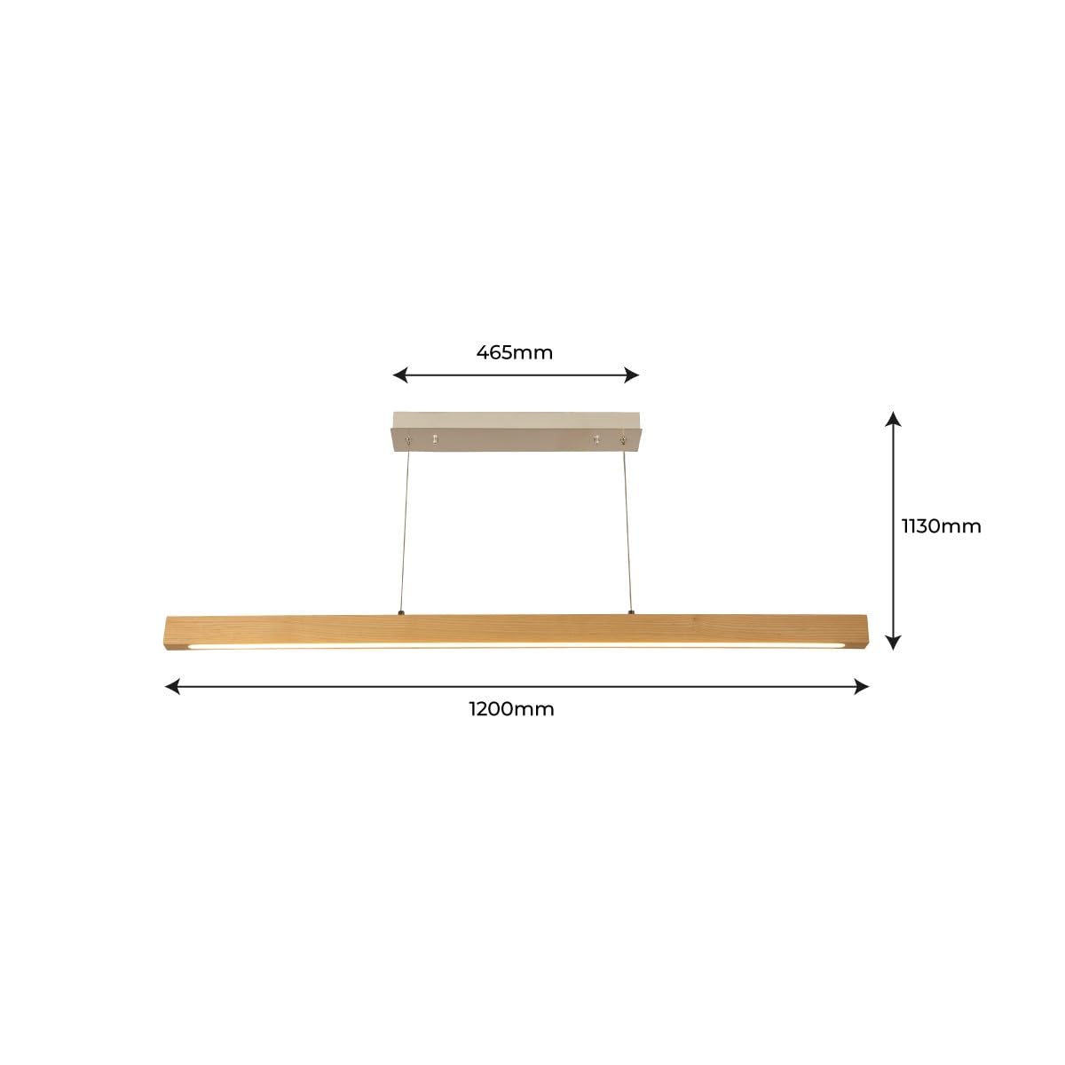 BARCELONA LED Lámpara colgante de madera COAK 24W regulable TRIAC 1920lm 2800K luz cálida lámpara techo moderna diseño lineal minimalista madera y metal para comedor salón oficina IP20 1200x465mm