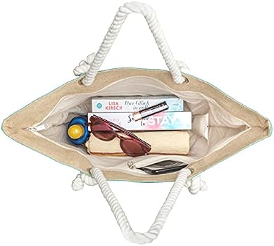 LARKSON Sac De Plage Fourre-Tout En Toile De Coton Et Jute - Grand Sac De Sport Avec Fermeture Éclair Et Poche Intérieure