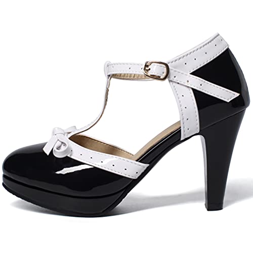 Caradise Womens High Heel T Strap Mary Jane Patent Pumps with Bow Rockabilly Dress Shoes2