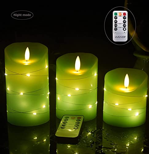 Image of DANIP Green LED flameless Candle with Embedded Star String, 3-Piece Set of LED Candles, with 11 Button Remote Control, 24-Hour Timer Function, Dancing Flames, Real Wax, Battery Powered. (Green)