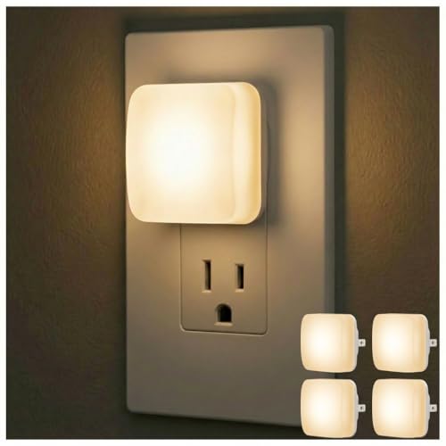 Image of Lights by Night Mini Square LED Night Light, Plug in, Dusk to Dawn Sensor, Warm 3000K, Compact Single Outlet Design (Doesn't Block 2nd Outlet), Ambient Lighting, Bedroom, Bathroom, 4 Pack, 82488