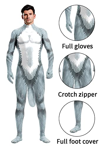 Image of Animal Full Bodysuit for Men Muscle Spandex Jumpsuit Furry Costume with Big Tail for Adult Cosplay Halloween Party