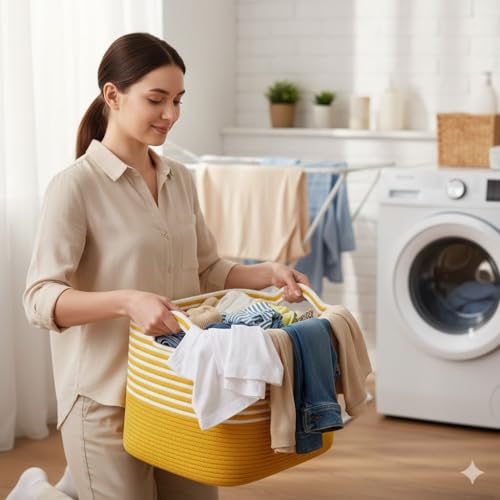 Image of Large Storage Basket, Woven Blanket Basket, Toy Basket with Handle, Laundry Hamper for Living Room, Nursery, Bedroom- 20x15x12 (LXWXH) (musted yellow mix)