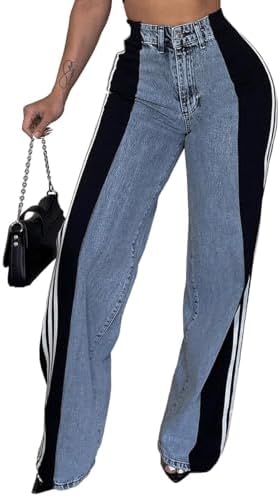 knowfashionstyle Womens Jeans High Waisted Wide Leg Patchwork Stripes Stretchy Jean Color Block Straight Trendy Demin Pants