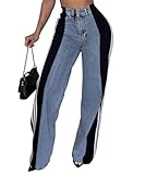 knowfashionstyle Womens Jeans High Waisted Wide Leg Patchwork Stripes Stretchy Jean Color Block Straight Trendy Demin Pants Black 2XL