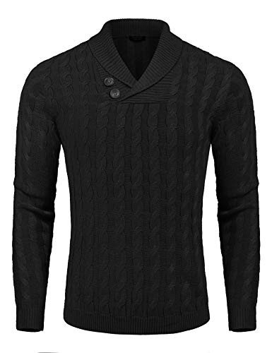 COOFANDY Men's Shawl Collar Pullover Sweater Slim Fit Casual Button Cable Knit Sweaters2