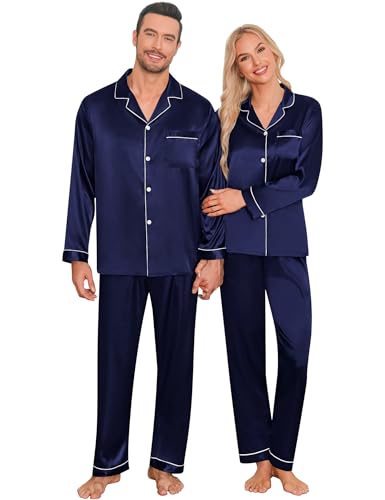 LecGee Couples Matching Pajamas Set Button Down Sleepwear Long Sleeve Loungewear Silky Satin 2 Piece Pjs Men Deep Navy Blue Small