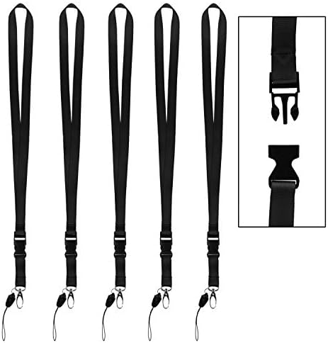 5 Pack of Neck Lanyards with Detachable Buckle, Enhanced Model Hook and Quick Release Tether - Ideal for ID Badges, Keys, Cell Phones, USB Sticks, Whistles, etc. - Strong Nylon - One Size Fits All