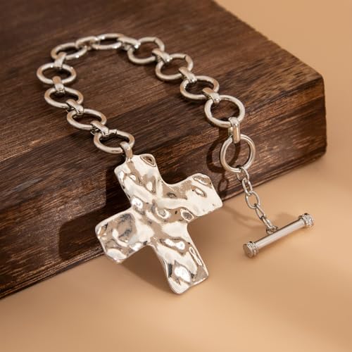 Chunky Gold Big Hammered Cross Bracelets for Women Trendy, Bold Thick Large Silver Cross OT Toggle Bracelet Statement Vintage Faith Chain Jewelry Gift4
