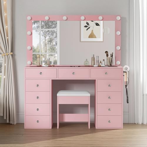FUSOU 11 Drawers Vanity Desk with Power Outlet, Makeup Vanity