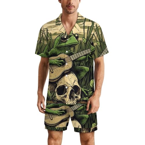 Frog Playing Banjo on Skull Mens Pajamas Set Short Sleeve Sleepwear Summer Pjs Sets 2 Piece Loungewear Nightwear