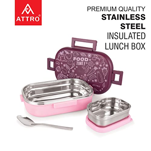 Image of Attro Food Time Stainless Steel Lunch Box, Airtight & Leak Proof - 2 Containers with Spoon (Big 750 Ml & Small 250 Ml) for Office Use, School, Picnic - Purple & Pink