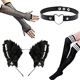 BETESSIN Katzenohren Haarreif Fuchs Ohren Stirnband + Choker Halskette Herz Halsband + lang Netzhandschuhe + Overknee Strümpfe Kostüm Set für Karneval Cosplay Party Zubehör