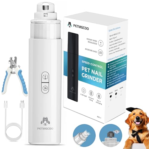 Dog Nail Grinder & Upgrade Professional with 3-Speed Adjustment Super-Quiet and Low-Vibration Pet Nail Trimmers with Forward and Reverse Functions - Safe Pause Button Wireless Type-C Charging (White)