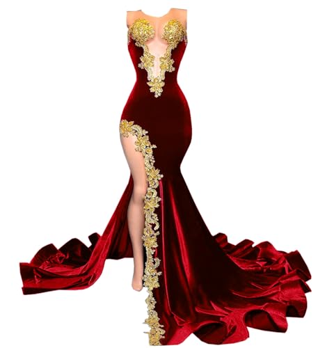 Image of Velvet Prom Dresses Beaded Applique Sleeveless Celebrity Pageant Split Mermaid Evening Gala Gown