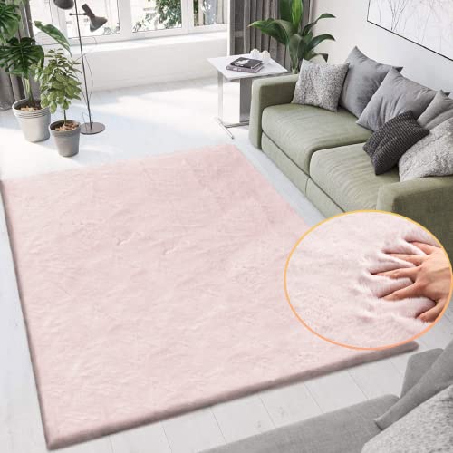 Pink Washable Fluffy 5x8 Area Rugs for Bedroom Plush Faux Rabbit Shag Fur Rug for Living Room Nursery Rug