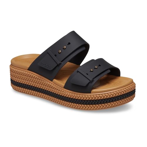 Image of Crocs Womens Brooklyn Buckle Low Wedge Black 9 Medium | Casual Sandals