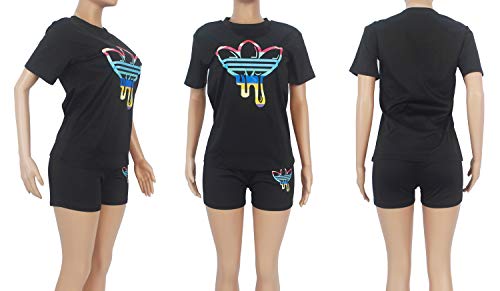 Molilove 2 Piece Outfits For Women Short Sleeve + Short Pants Casual Tracksuit Jogging Suit 2 Piece Outfits Round Neck Printed Short Two-Piece Set #TOP2