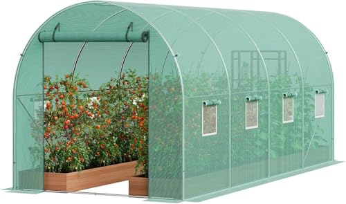 15x7x7 Ft Walk-in Tunnel Greenhouse for Outdoor Gardening - Heavy Duty Galvanized Steel Hoop House with Green PE Cover Roll-Up Zipper Door & 8 Vent Windows Plant Protection & Year-Round Growing