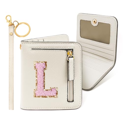 Image of COSHAYSOO Initial Wallet RFID Small Bifold Slim Letter Wallet for Women Teenager Girls Travel Daily Necessities Credit Cards Money Cash Coin Organizer, Off White, Compact, L