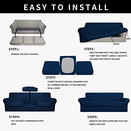 Image of Easy-Going Waterproof 4 Pieces Stretch Couch Cover for 3 Cushion Navy | 100% Dual Waterproof Sofa Slipcover for 3 Separate Cushion Couch Leakproof Furniture Protector for Kids, Pets