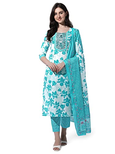 Image of MIRCHI FASHION Pure Cotton Floral Kurta Set for Women with Dupatta & Pant | 3 Piece Straight Fit Ethnic Outfit | Breathable Summer Salwar Suit