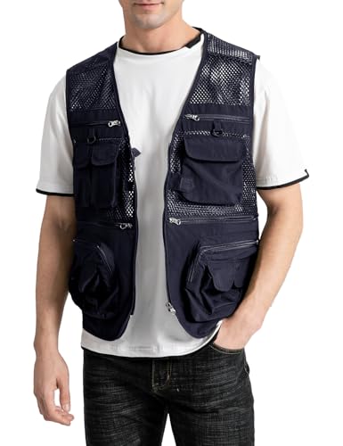 Image of Sukany Men's Mesh Fishing Vest Utility Multi-Pocket Outdoor Work Shooting Safari Travel Photography Vest Blue XL