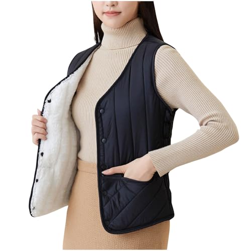 duxyoz Women'S Gilets Plus Size Fleece Lined Gilet Ladies Body Warmer Thermal Sherpa Waistcoat Sleeveless Padded Gilets Button Up Lightweight Casual Bodywarmer Quilted Softshell 02 Black