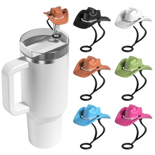 Utuichuo Silicone Cowboy Hat Straw Toppers, 6 Pcs, Detachable Decoration, Compatible with Stanley Cup 30oz/40oz & Other 10mm Straw Tumblers