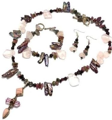 Jewelry Set - Rhodocrosite, Argantina Kunzite Crystal & Garnet Pendant W/Pink Quartz Nugget Necklace, Bracelet & Earrings # 168