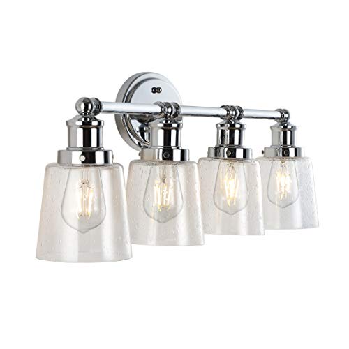Image of JONATHAN Y 31.75 inch Chrome 4-Light LED Vanity Light, Farmhouse Wall Sconce for Bathroom Mirror, Clear Seeded Glass Shade, Rustic Iron Fixture for Kitchen Hallway, LED Bulb Included (JYL7533A)