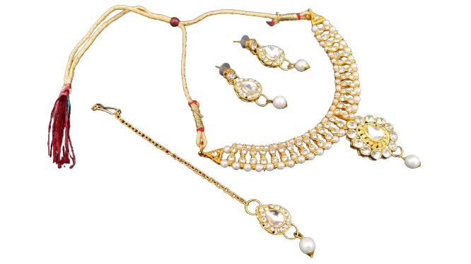 NUSO Silver Beads & Silver Crystal Pendant Necklace Set With two shining Earings and one Sterling Mang Tika attached with a Natural looks Pearl For Women & Girls