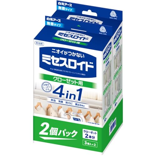 【Amazon.co.jp限定】ミセスロイド 白元アース 衣類防虫剤 無香 無臭 クローゼット用6個入 1年有効 ダニよけ効果付き 虫除け 防カビ 消臭 黄ばみ防止 着物