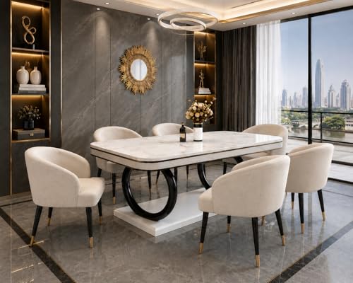 Image of WOODEN SPACE 6-Seater Wooden Dining Table Set | Nano Composite Marble Top | Solid Wood Base | Modern Dining Room Furniture with 6 Chairs (Lexus ClassicBeige)