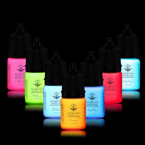 Tuffking Tattoo Ink Color Set - Fluorescent Tattoo Ink Pigment Kit 7 Colors Glow in The Blacklight for Professional Tattoo Artist Halloween Supplies (1/6 fl oz(5ml) 7color)