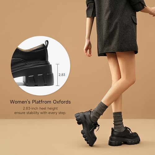 Image of BEAU TODAY Platform Oxfords for Women, Oxford Shoes for Women, Chunky Leather Lace Up Oxfords,Casual Comfortable Breathable Non-Slip Dress Shoes for Work Business