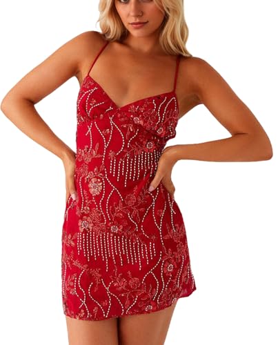 Image of calbatic Women Sequin Sparkly Rhinestone Mini Dress Sleeveless Backless Deep V Neck Glitter Short Cami Dress Party Clubwear