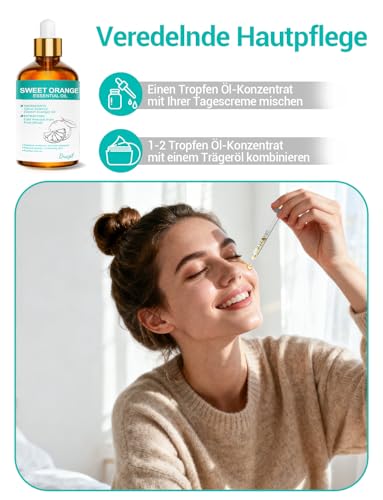 ENYORLI Ätherisches Süßorangenöl 100% Natürliches Orangenöl 100ml Kaltgepresst für Raumduft, Hautpflege & DIY, Mit Pipette