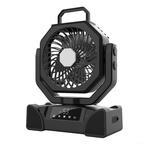 Ventilador de tienda de campaña recargable para exteriores de 20000 mAh con luz, gancho y control remoto, oscilación de 90°, cabezal giratorio de 270°, 3 velocidades, ventilador recargable (negro)