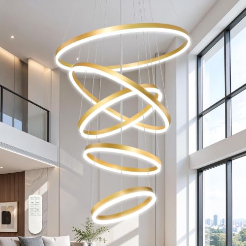 Mccokaige 5 Rings Pendant Lights Modern Gold Led Chandelier Gold Modern Led Pendant Light Dimmable Height Adjustable Chandeliers for Dining Room Bedroom Entryway Living Room Foyer (3000K-6000K)